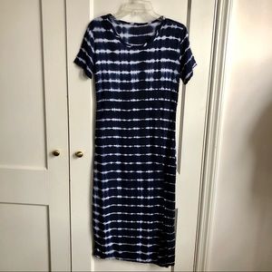 Tie Dye Short Sleeve Midi Ankle Dress Navy & White